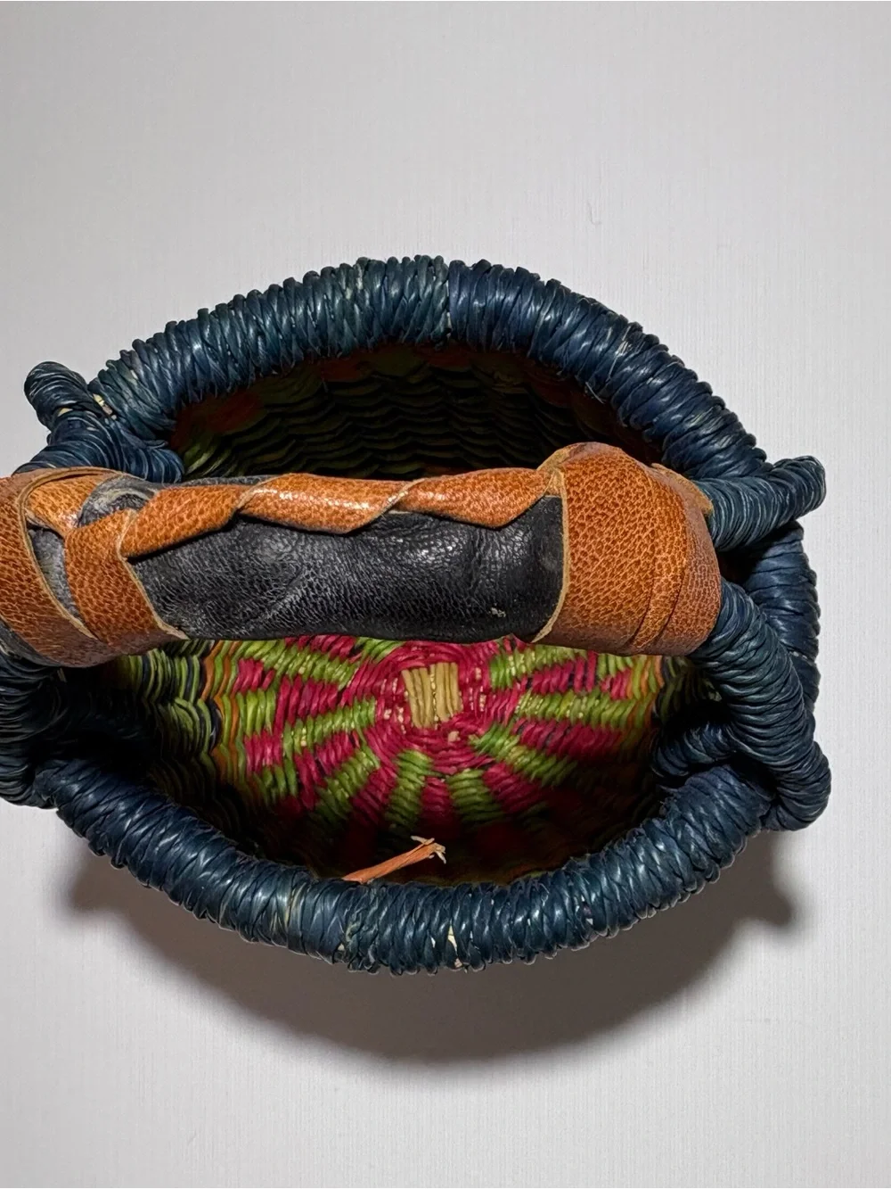 Handwoven Mini Basket with Handle — Blue, Green & Orange